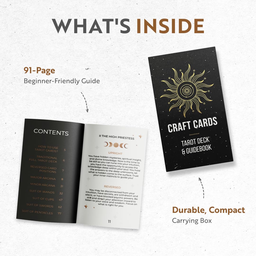 CRAFTERIAN Tarot Cards, 78 Tarot Deck, Original Tarot Cards for Beginners and Experts with Guide Book and Gift Bag, Fortune Telling Game, Divination Tools for All Skill Levels, Black and Gold.