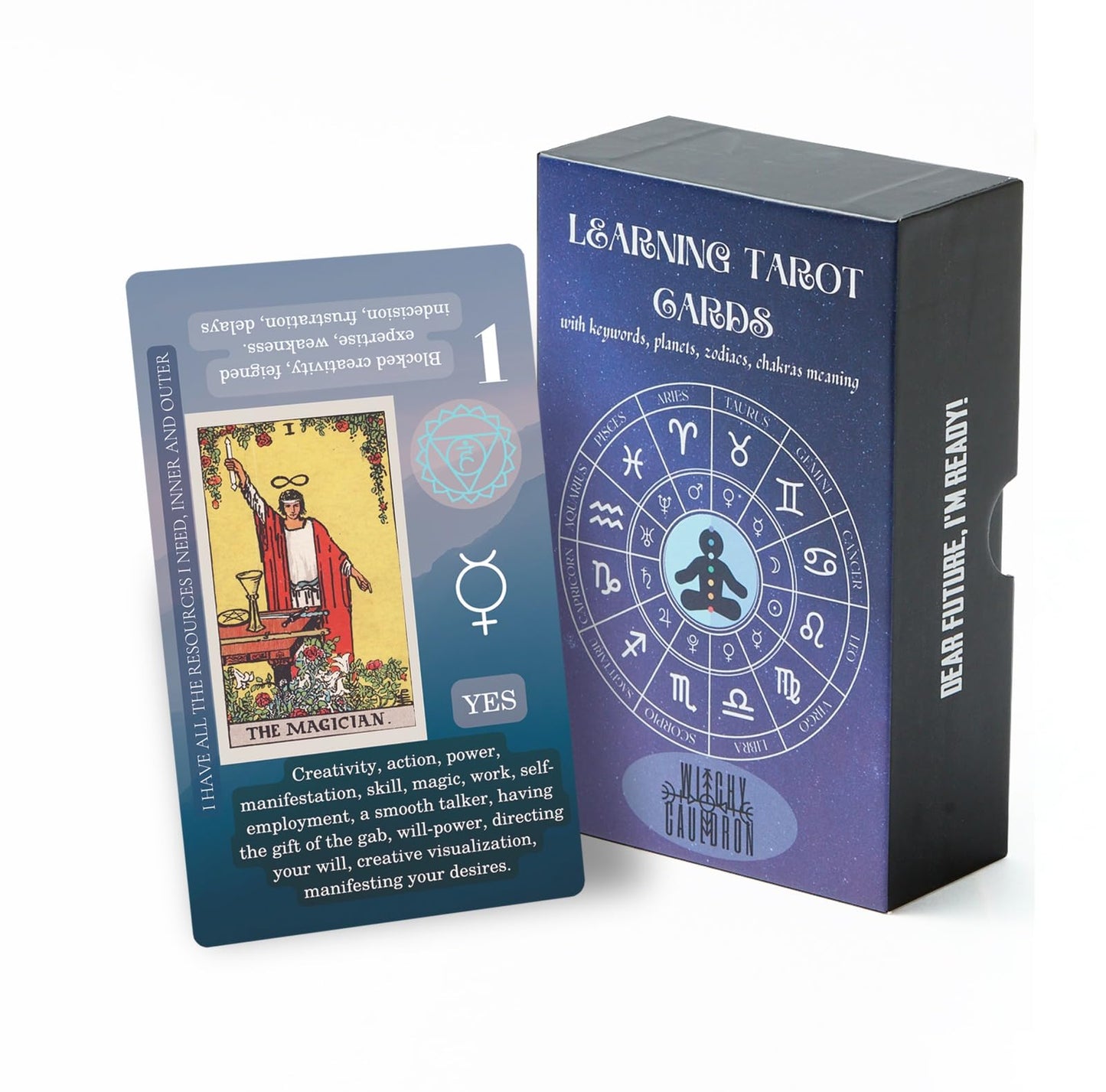 Witchy Cauldron Tarot Cards for Beginners, Learning Tarot with Meanings on Them, Keywords, Reversed, Chakra, Planet, Zodiac, Element, Yes or No, Affirmations