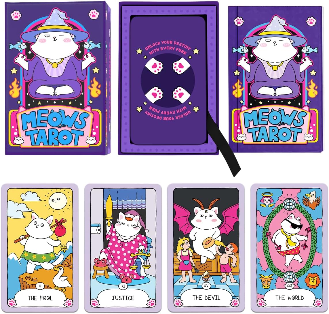 99FOX Meows Tarot Card Deck with Guidebook for Adults Beginners Cute Cards Cat Lovers
