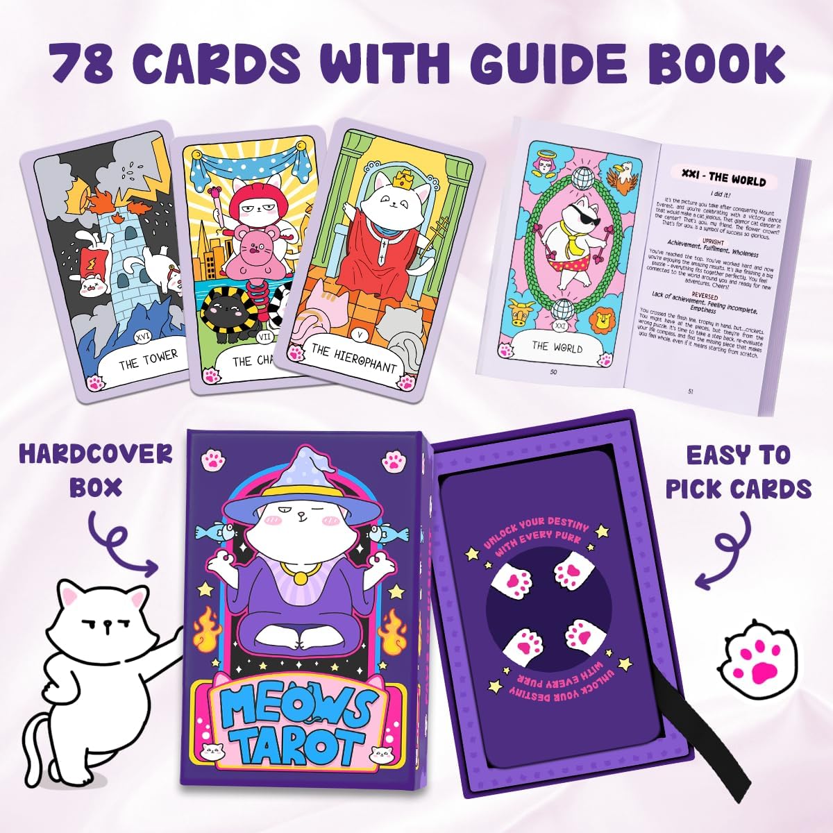 99FOX Meows Tarot Card Deck with Guidebook for Adults Beginners Cute Cards Cat Lovers
