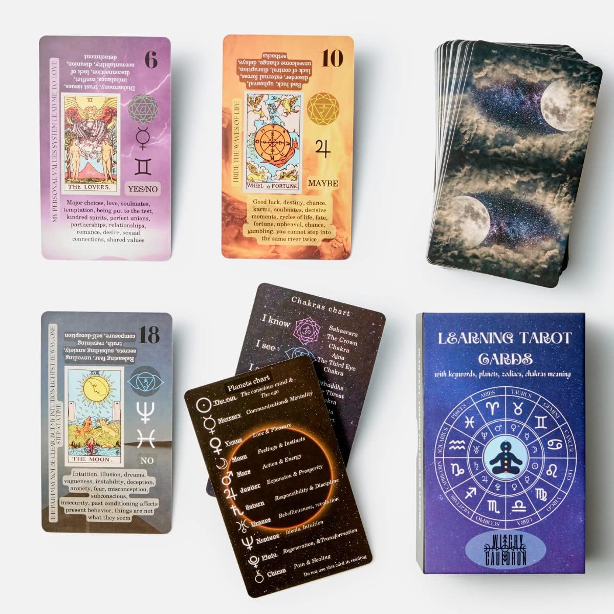 Witchy Cauldron Tarot Cards for Beginners, Learning Tarot with Meanings on Them, Keywords, Reversed, Chakra, Planet, Zodiac, Element, Yes or No, Affirmations