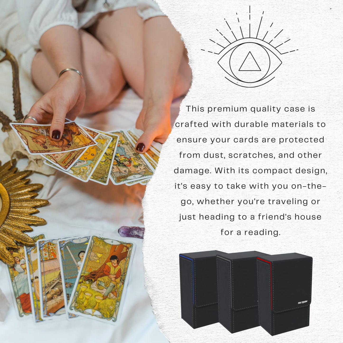 Black Tarot Card Holder with Red Interior; Fold Top Tarot Card Box Case with Magnetic Lid Closure; Fits Standard Tarot Card Deck; Holder Measures Standard Size 5.39 x 3.38 x 2 In (137*86*51mm) (Red)