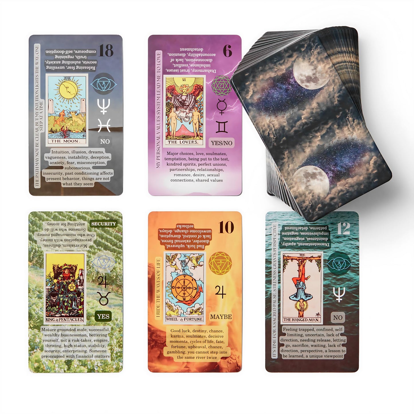 Witchy Cauldron Tarot Cards for Beginners, Learning Tarot with Meanings on Them, Keywords, Reversed, Chakra, Planet, Zodiac, Element, Yes or No, Affirmations