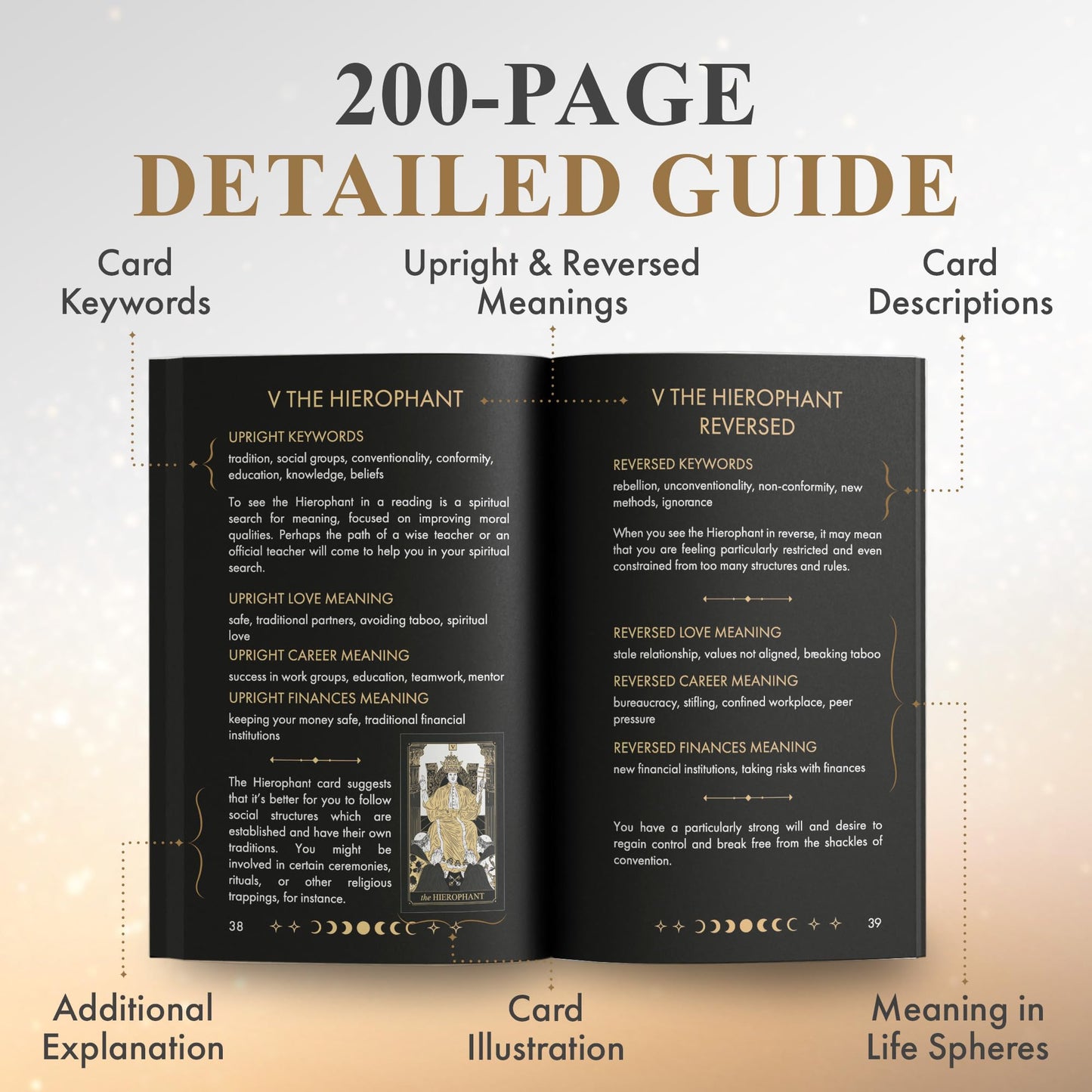Wyspell Tarot Cards with Guide Book - 78 Gold for Beginners Deck Set Rider Waite Guidebook Black Decks Original