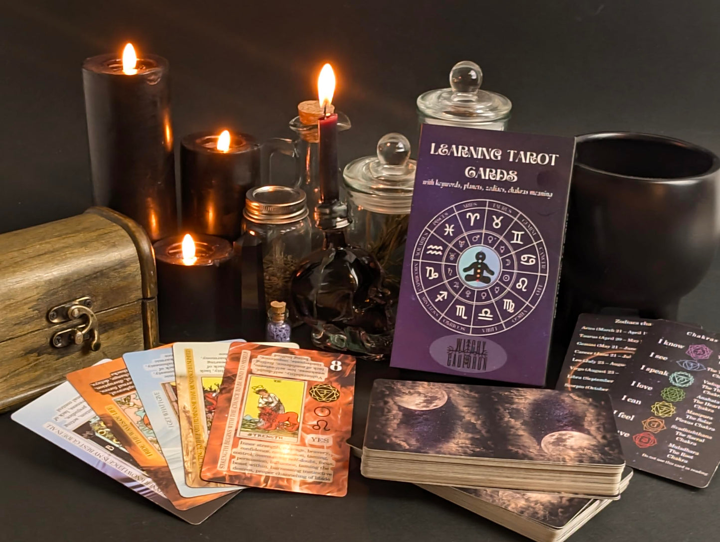 Witchy Cauldron Tarot Cards for Beginners, Learning Tarot with Meanings on Them, Keywords, Reversed, Chakra, Planet, Zodiac, Element, Yes or No, Affirmations