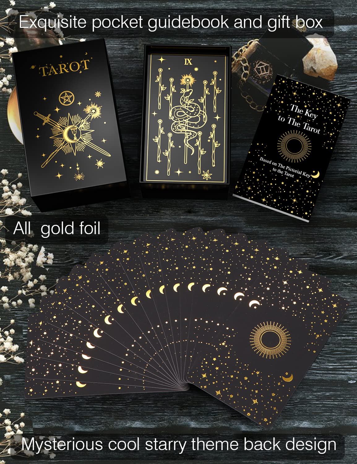 WJPC Gold Foil Tarot Cards with Guide Book Set&Gift Box for Beginner& Expert. Rider Waite Tarot Decks, Tarot Cards Decks