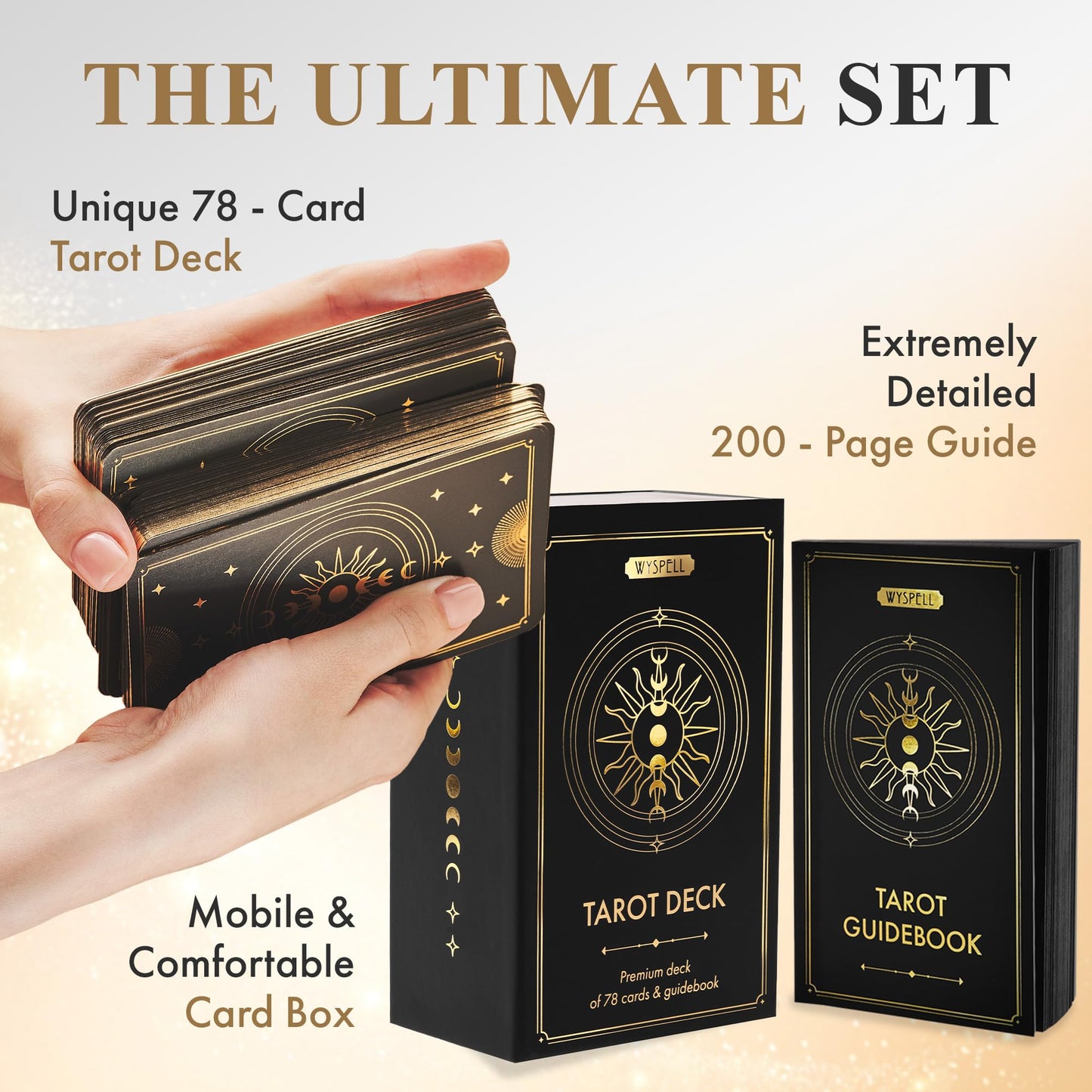 Wyspell Tarot Cards with Guide Book - 78 Gold for Beginners Deck Set Rider Waite Guidebook Black Decks Original