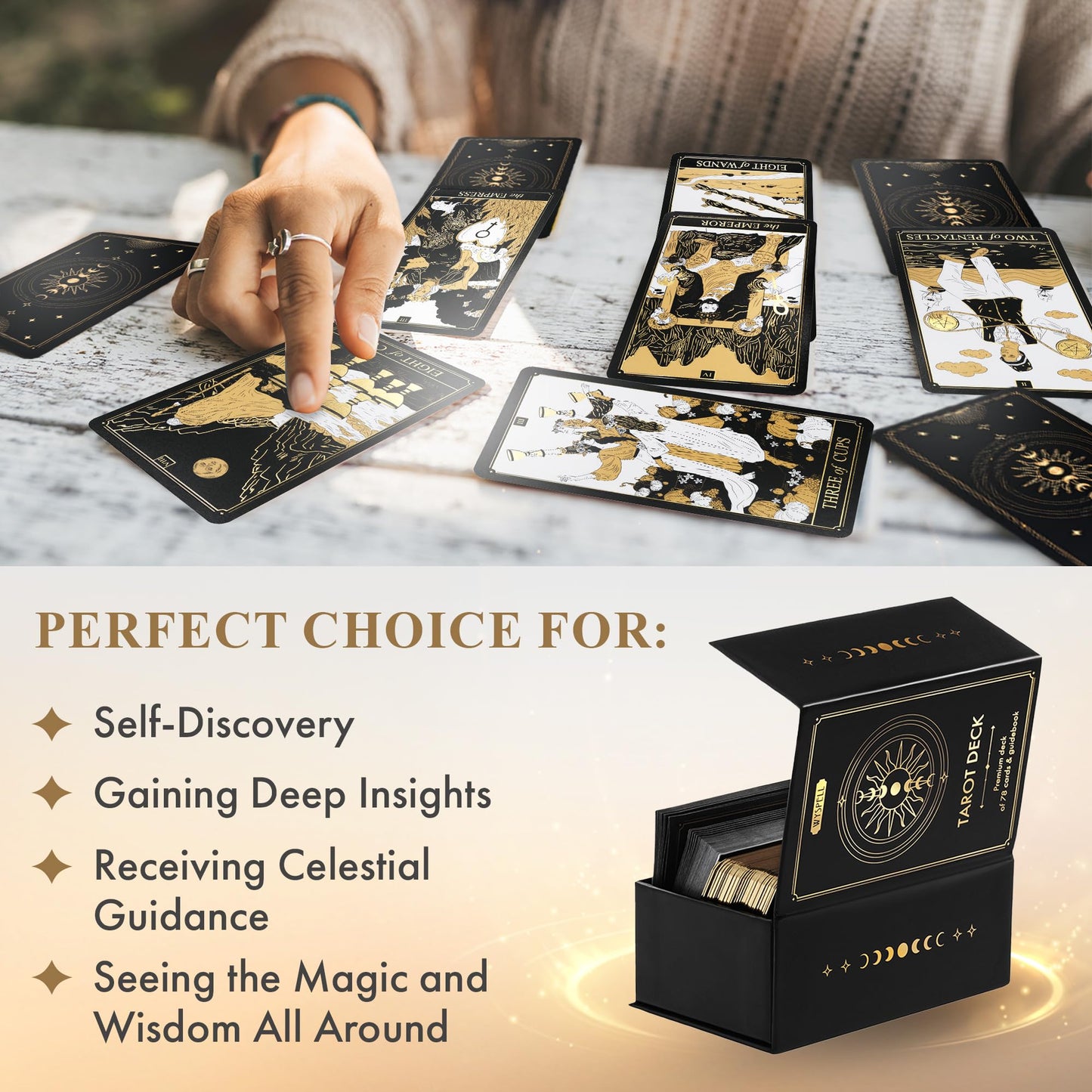 Wyspell Tarot Cards with Guide Book - 78 Gold for Beginners Deck Set Rider Waite Guidebook Black Decks Original