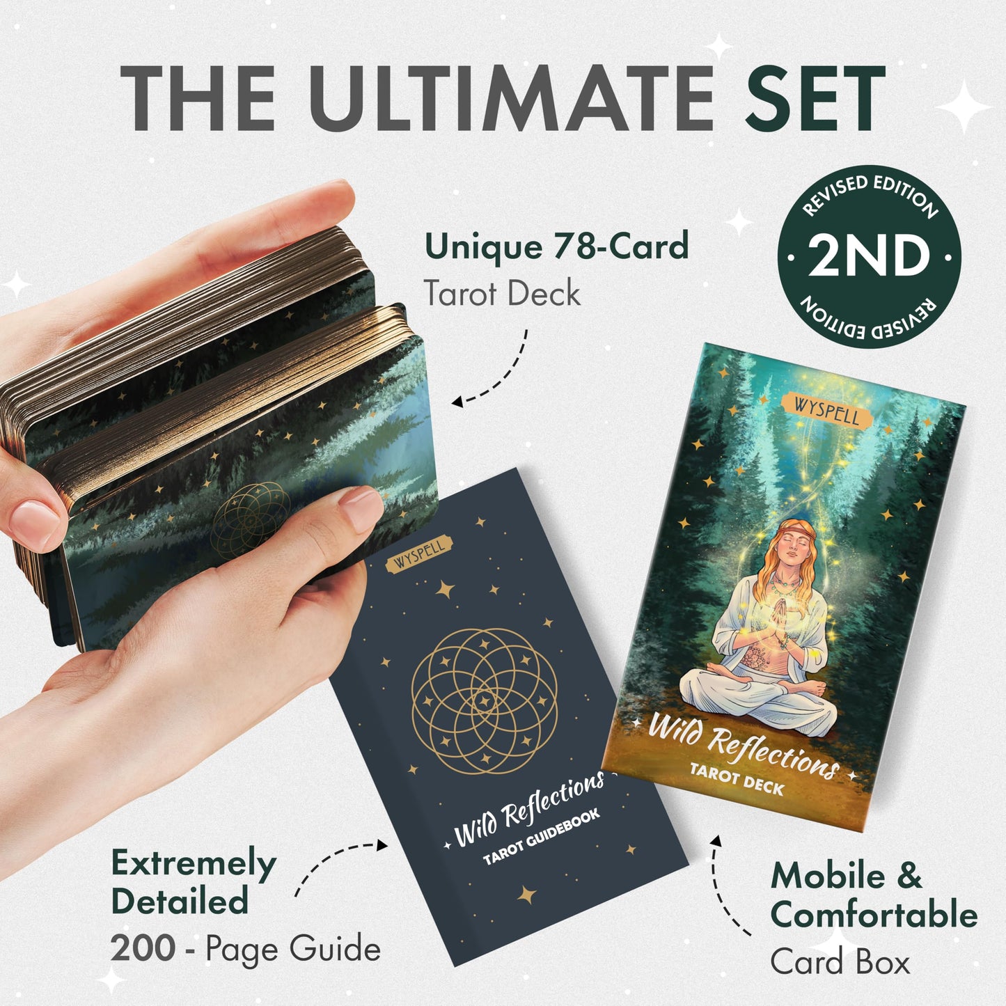 Wyspell Wild Reflections Tarot Deck with 200-Page Guidebook, Gold Edges, and Gift Packaging
