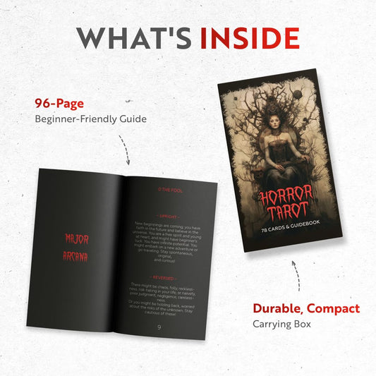 CRAFTERIAN Horror Tarot Cards, 78 Tarot Deck with Foil Edges, Original Tarot Cards for Beginners and Experts with Guide Book, Fortune Telling Game, Divination Tools for All Skill Levels.