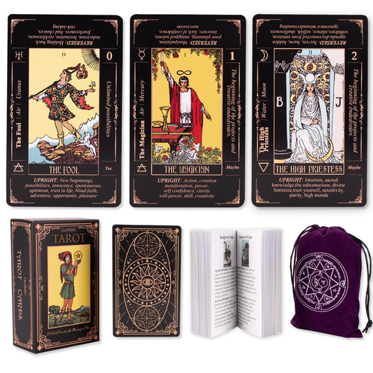 KLEDERY Classic Tarot Cards for Beginners With Meanings, Durable Deck and Guide Book (Black)