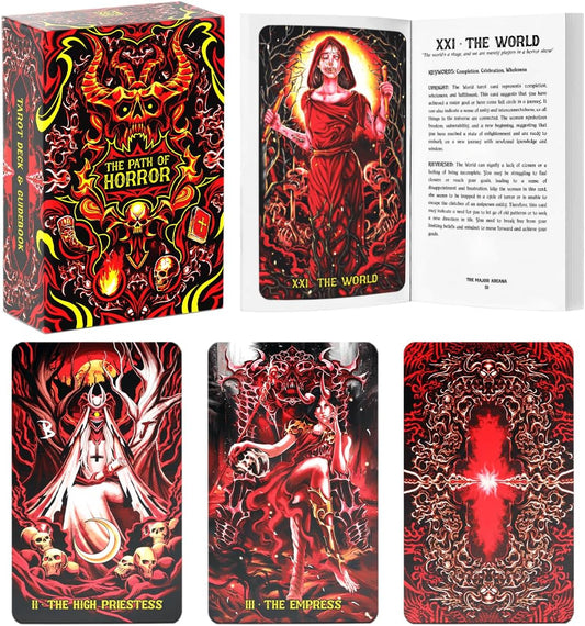99FOX The Path of Horror Tarot Card Deck and Guidebook for Beginners Readers Creepy Themes Waterproof Cards Classic Pack Intuition Vintage Accessories Plastic Collection Design with Box