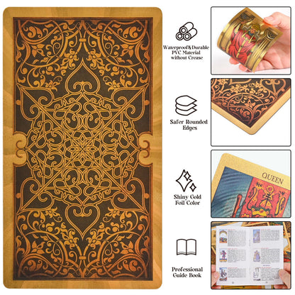 CuBalia Classic Tarot Cards Deck Set with Guidebook, Luxury Gold Foil Waterproof Tarot Cards, Wrinkle Resistant Fortune Telling Toy for Beginners&Expert, Durable PVC Tarot Deck with Cardboard Box