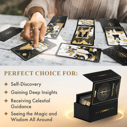Wyspell Tarot Cards with Guide Book - 78 Gold for Beginners Deck Set Rider Waite Guidebook Black Decks Original
