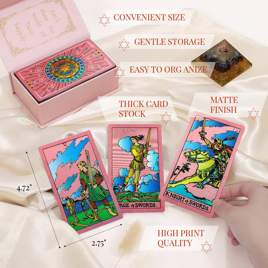 LYINGFISH Tarot Cards With Guide Book - Waterproof, Wrinkle Resistant, Gold Foil - for Beginners With Meanings on Cards (Pink)