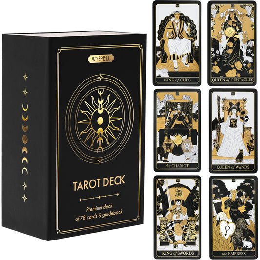 Wyspell Tarot Cards with Guide Book - 78 Gold for Beginners Deck Set Rider Waite Guidebook Black Decks Original
