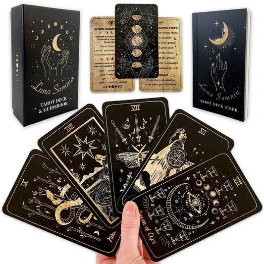 Luna Somnia Tarot Deck with Guidebook & Box - 78 Cards Complete Full Deck - Moon Dreams Starry Celestial Astrology Witchy Black Gold Divination Tool
